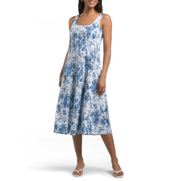 NICOLE MILLER NEW YORK Blue Multi Seamed Scoop Neck Floral Midi Dress - Picture 1 of 2